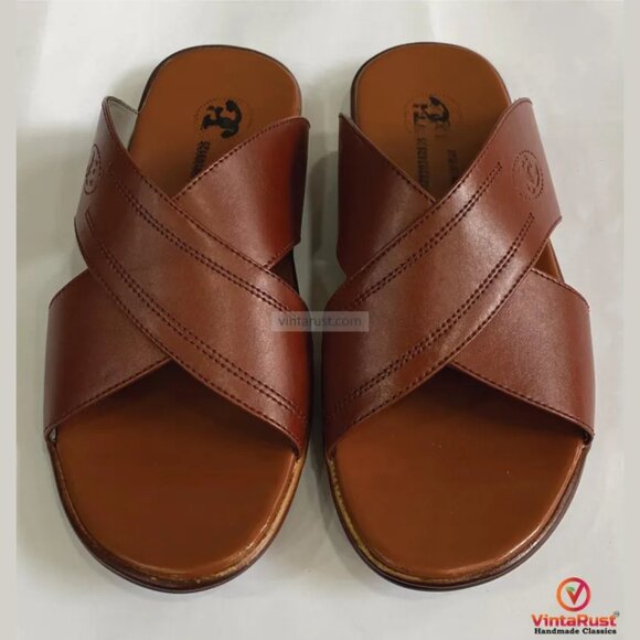 Brown Cross-Strap Flats, Handmade Brown Leather Cross-Strap Sandals, Men’s Open - Picture 4 of 7